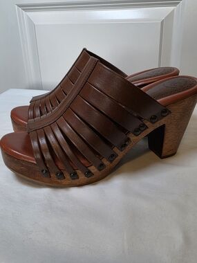 JOHNSTON & MURPHY 1850 LEATHER CLOG MULES BROWN PLATFORM BLOCK HEEL SANDALS SIZE